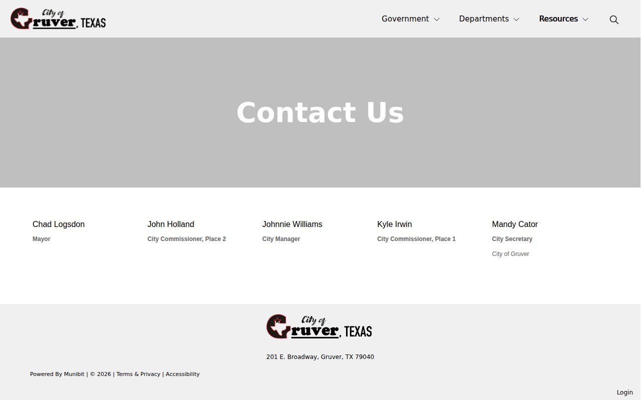 Gruver municipal contact page for city arrest-record routing