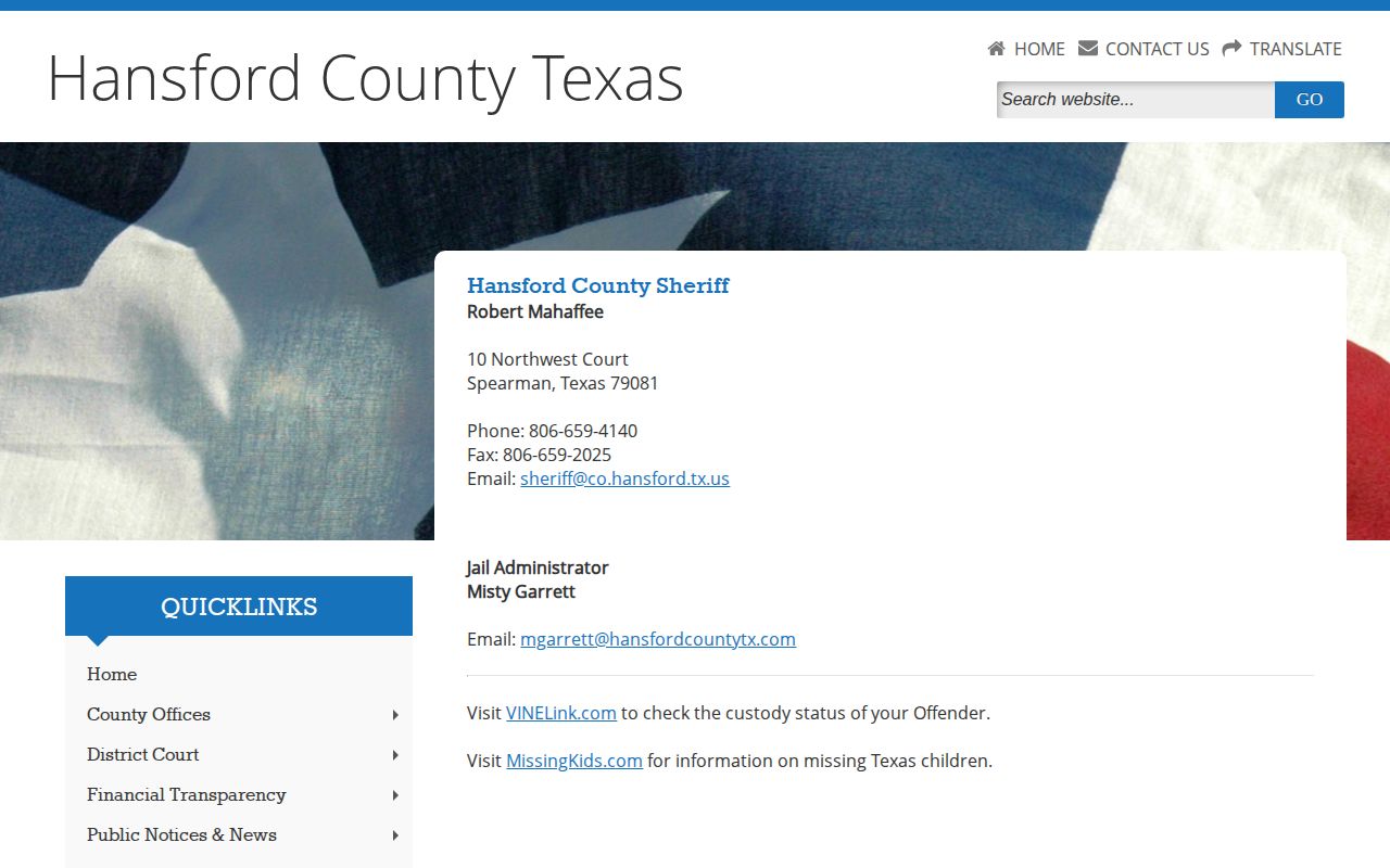 Hansford County booking-record and custody-routing source on the official sheriff page